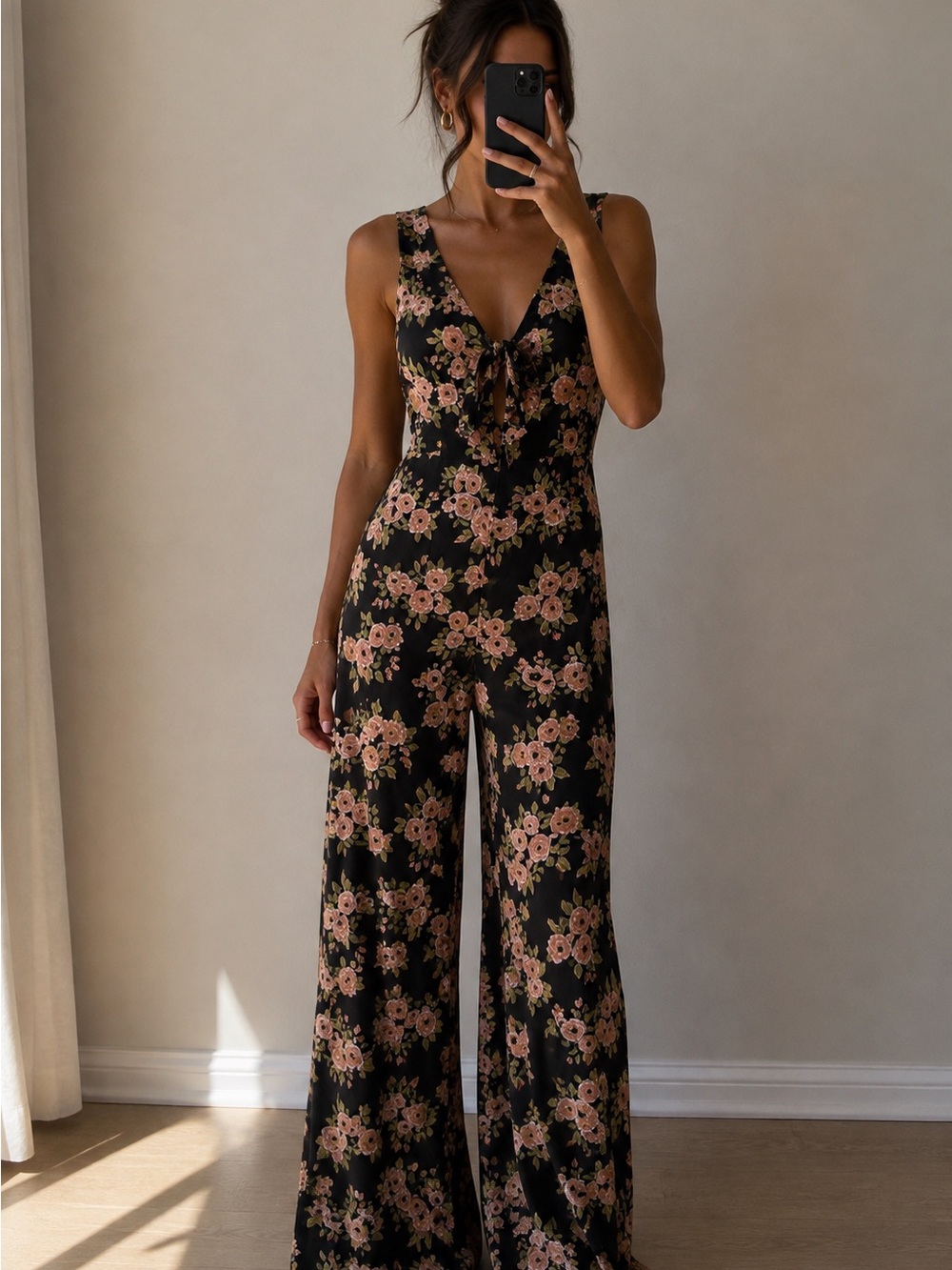 Amuse Society Black Floral Tie-Front Wide-Leg Jumpsuit